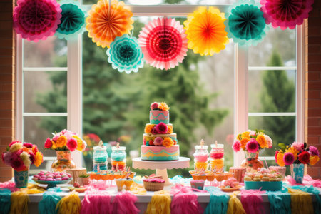 Wedding Cake Decorated with Colorful Flowers and Cupcakesの素材