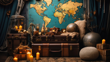 Interior of a dark room with an old suitcase, candles and mapsの素材
