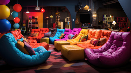 Interior of a modern living room with colorful sofas and balloonsの素材