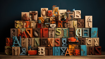 Wooden alphabet blocks with letters on a wooden table.の素材