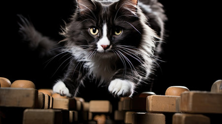 Cute black and white maine coon cat on black backgroundの素材