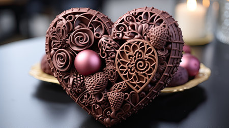 Chocolate heart-shaped cake for Valentine's Day on the tableの素材