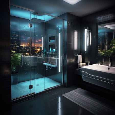 modern bathroom with black tile floor and black bathtubの素材