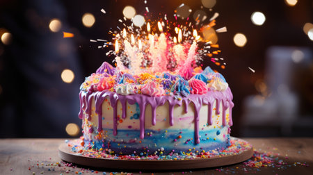 Birthday cake with burning candles and confetti on a wooden backgroundの素材