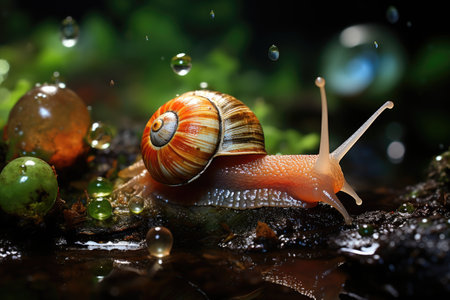 Snail in the rain. Nature scene with snail and water dropsの素材