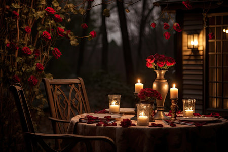 Romantic table setting with red roses, candles and lanterns. Selective focus.の素材