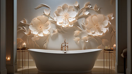 Bathroom interior with a white bathtub and flowers.の素材