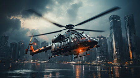 Helicopter flying over the city.の素材