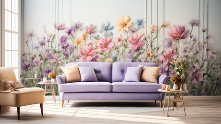 Modern interior design with purple sofa and flowers.の素材