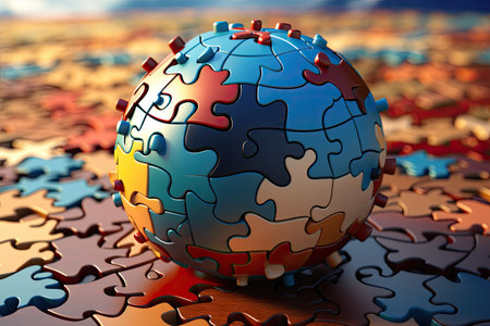 puzzle sphere over blue and red puzzle pieces backgroundの素材