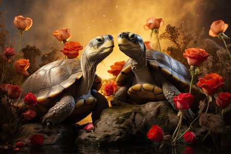 Two turtles on the rock with red flowers in the background.の素材