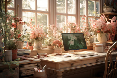 Working space with computer and vase of flowers on wooden table.の素材
