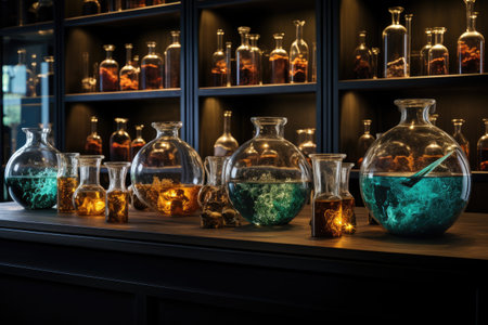 Vintage laboratory glassware with various potions on a shelf in a dark roomの素材