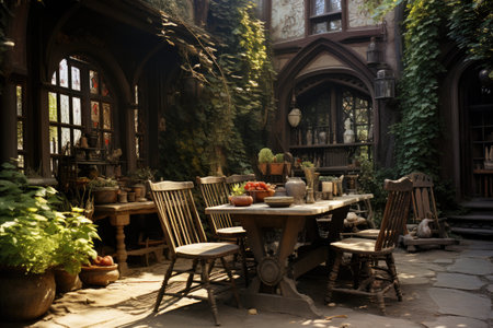 Interior of an old house with wooden furniture in the garden.の素材