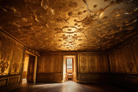 Luxury room with a wooden door and a golden ceiling.の素材