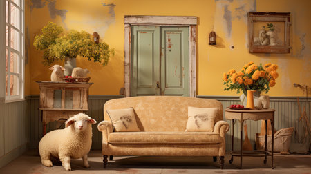 Vintage living room interior with armchair, sofa, flowers and windowの素材