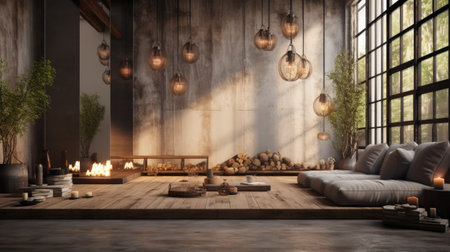 Interior of modern living room with wooden walls, wooden floor, brown sofa and burning candles.の素材