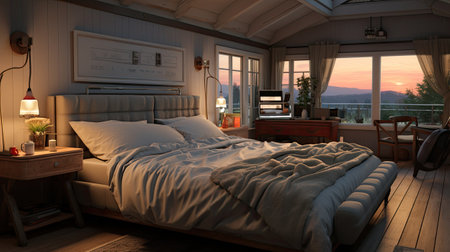 Interior of a hotel bedroom with a view of the mountains.の素材