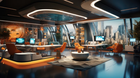 Interior of a modern office with a lot of computers on the table.の素材