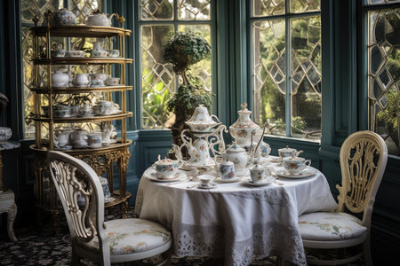 Luxury tea set in a classic interior. Vintage style.の素材