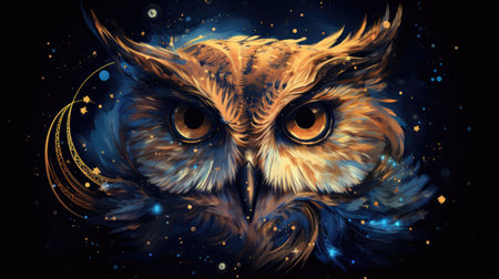 Colorful owl in cosmic space with stars and fire.の素材