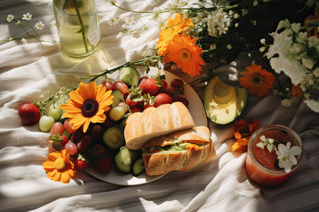 Picnic in bed with fresh vegetables, fruits and croissantの素材