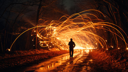 Man walking on wet road at night with long exposure of light trails.の素材