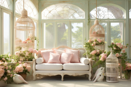 Interior of living room with white sofa, bird cage and flowersの素材