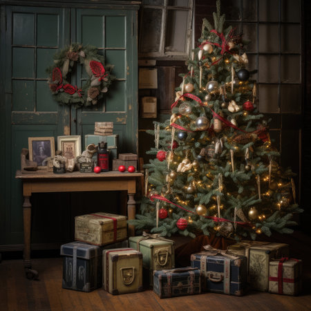 Christmas tree with gifts in the interior of the room. Vintage styleの素材