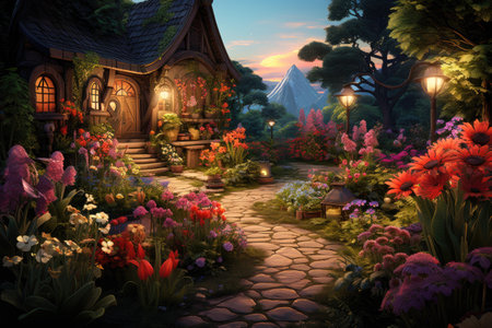 a beautiful fantasy garden with wooden houses and flowersの素材