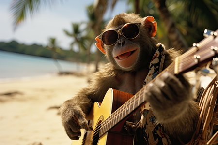 Smiling monkey in sunglasses with a guitar on a tropical beach.の素材
