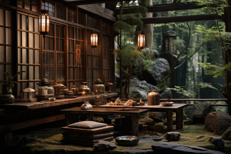 Korean traditional style wooden house in the garden with lanterns.の素材