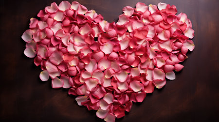 Rose petals in the shape of a heart on a wooden backgroundの素材