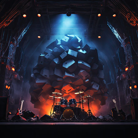 Live music concert stage with drum kit and cymbals. Rock concert background.の素材