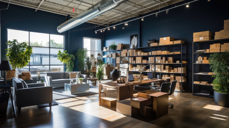 Interior of a modern office with a lot of boxes and furnitureの素材