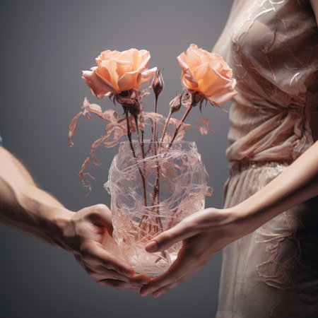 cropped shot of man holding bouquet of roses in transparent vaseの素材
