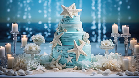 Blue wedding cake with starfish, sea shells and candles on the backgroundの素材