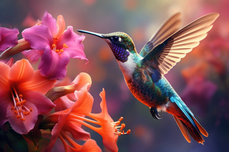 Hummingbird flying next to blooming flowers, closeup viewの素材