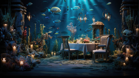 Fantasy underwater world. Decorated dining table and chairs.の素材