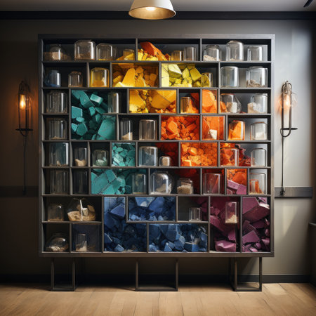 Colorful plastic bottles in a metal shelf on the wall.の素材