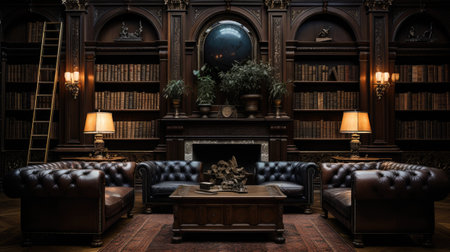 Luxury interior of a library with leather armchairs and a fireplaceの素材