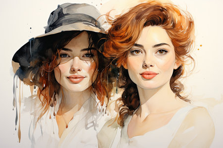 Portrait of two beautiful young women with red hair and a hat.の素材