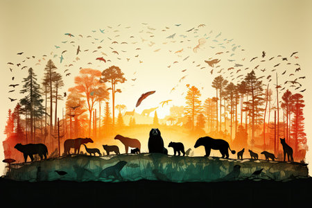 Silhouettes of wild animals in the forest.の素材