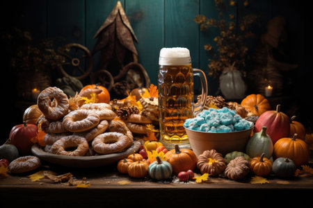 Halloween still life with pumpkin, cookies and beer on wooden backgroundの素材
