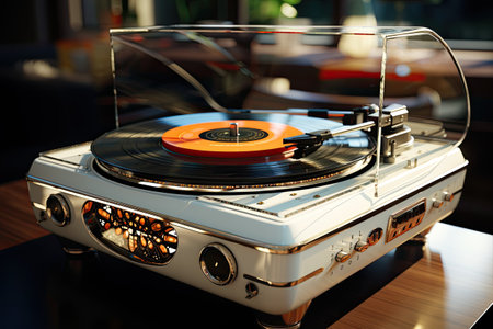 Retro turntable with vinyl record on the table.の素材