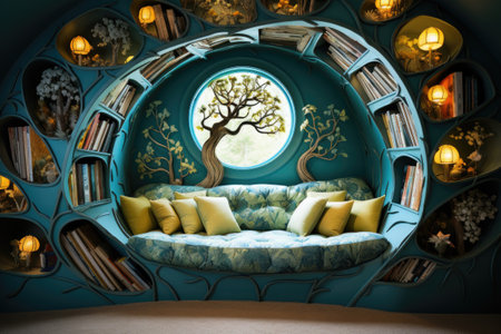 Interior of a children's room with a blue sofa and a bookcaseの素材