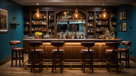 Luxury bar interior with bar counter, chairs and wine bottlesの素材