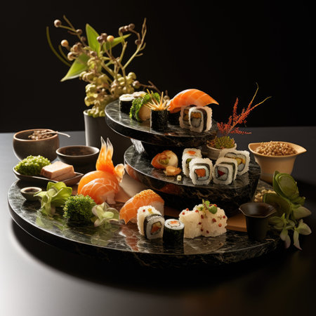 Sushi set on black background. Japanese food restaurant menu. Sushi roll set with salmon, tuna, shrimp, avocado, caviar, cream cheese, wasabi and ginger.の素材