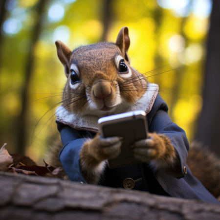 Squirrel in autumn forest taking a selfie with a smartphone. Squirrel in autumn forest.の素材