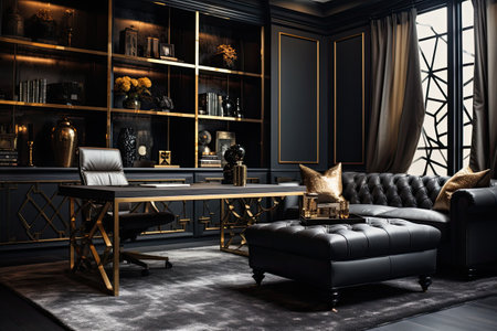 Luxury living room interior with black leather sofa, coffee table and bookshelf.の素材
